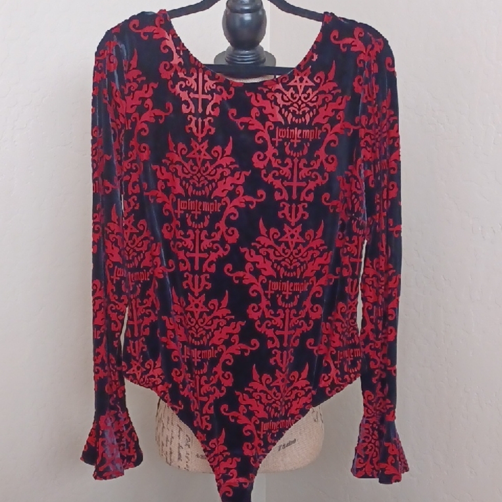 Killstar Red and Black Velvet Damask Bodysuit